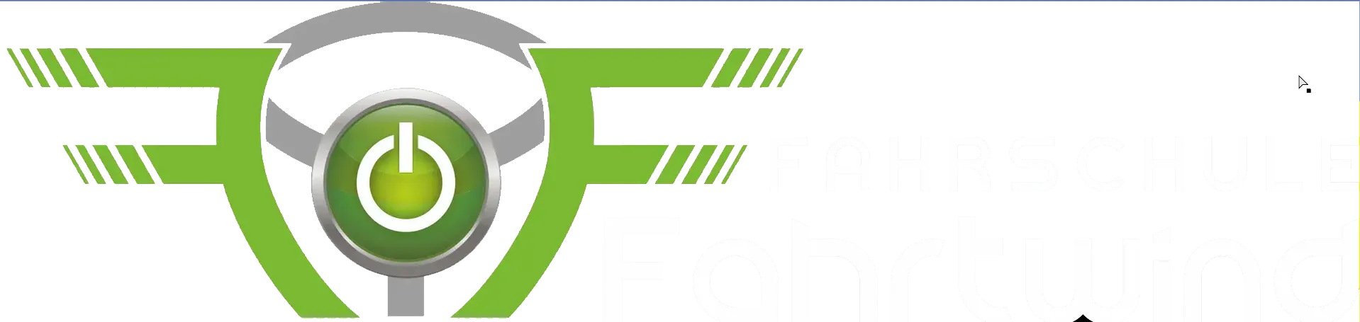Grünes Logo mit stilisiertem Lenkrad und Einschaltsymbol daneben Schriftzug Fahrschule Fahrwind