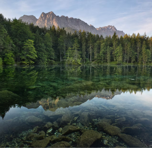 Klarer Bergsee mit sichtbaren Steinen am Grund spiegelndes Waldgebiet und Berge im Hintergrund bei blauem Himmel.