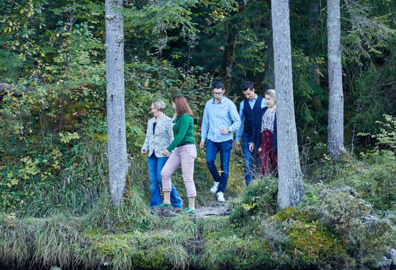 Fünf Personen wandern zusammen auf einem Pfad durch einen grünen Wald mit Bäumen und dichtem Laub.
