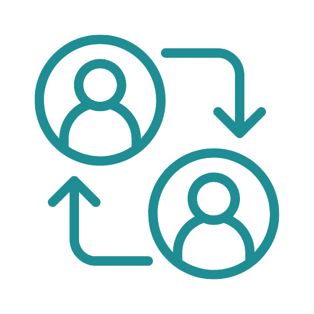 Two user icons connected by arrows indicating interaction or exchange.