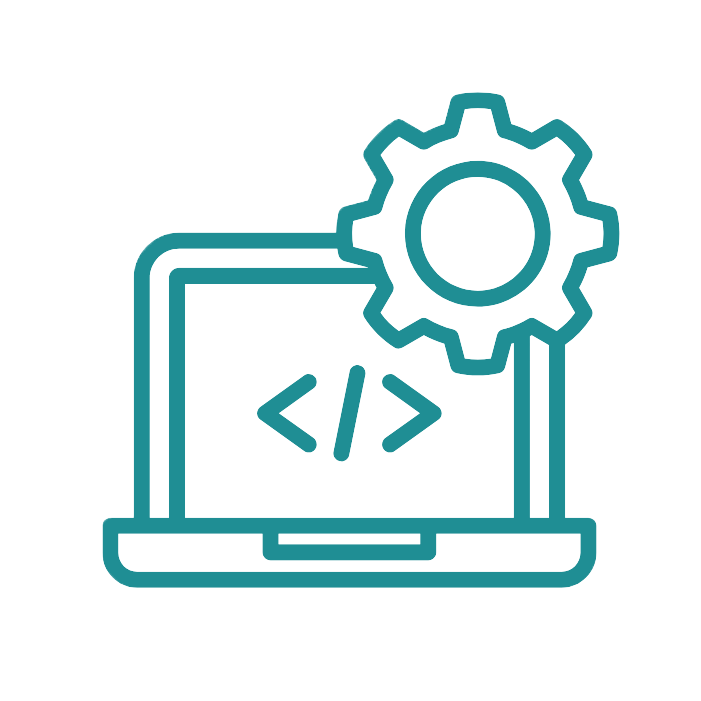 Line icon of a laptop displaying code with a gear representing software development or programming.