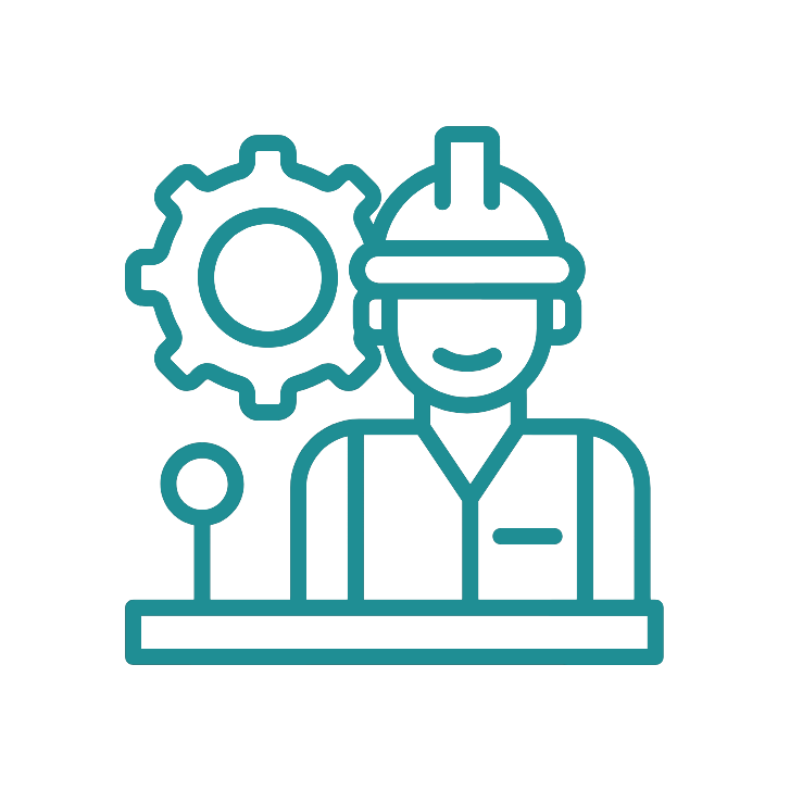 Icon of a person wearing a hard hat with a gear and control lever beside them, representing operation or engineering.