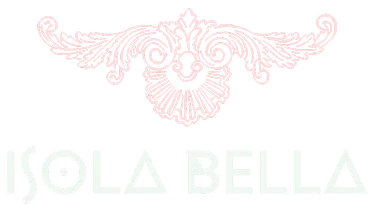 Ornement décoratif rose au-dessus du texte stylisé Isola Bella.