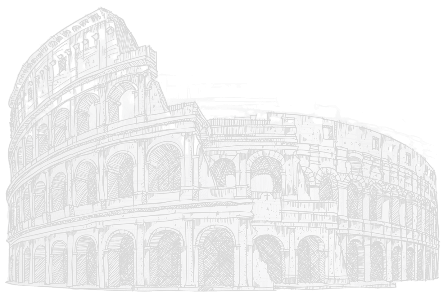 Illustration au trait du Colisée de Rome montrant sa façade voûtée avec plusieurs étages d’arcades.