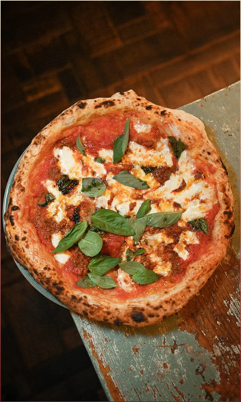 Pizza margherita avec sauce tomate, mozzarella fondue, et feuilles de basilic frais sur une croûte dorée et légèrement carbonisée.