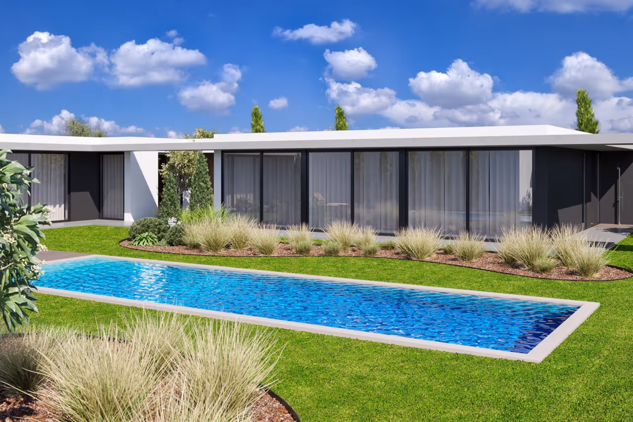 D. Dinis Pine Forest Condominium render showing single-story villa with pool and pine forest backdrop