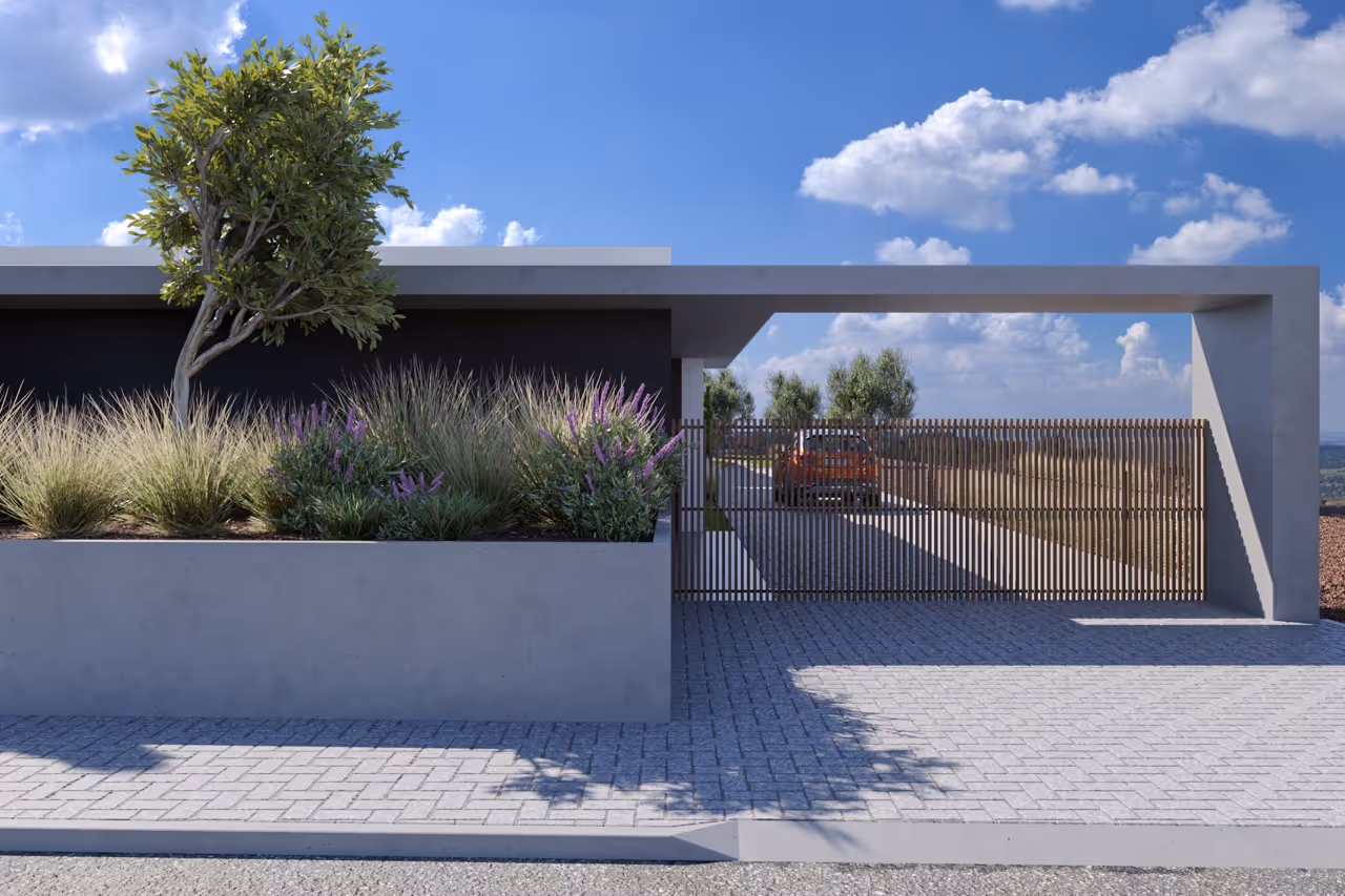 D. Dinis Pine Forest villa render showing open-plan living room with sliding glass walls to garden