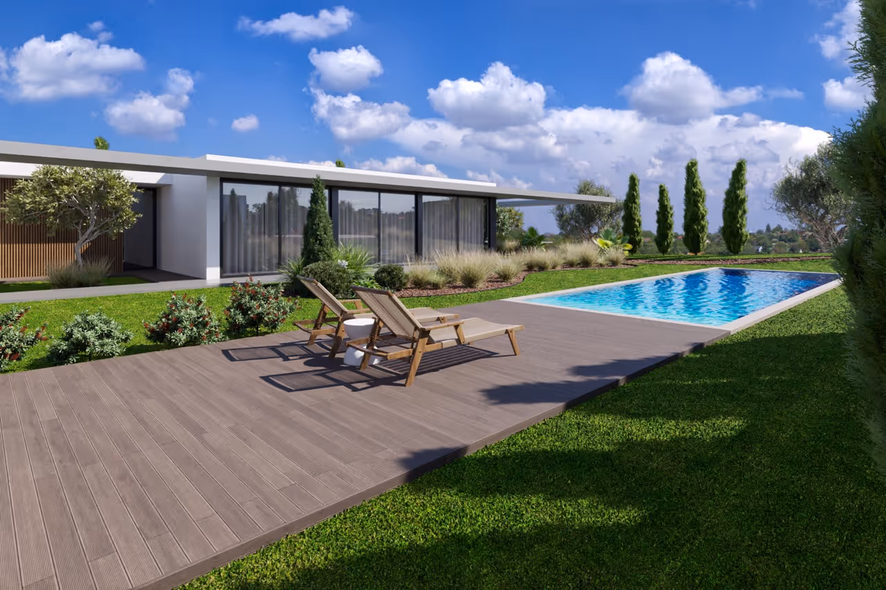 D. Dinis Pine Forest Condominium exterior render with minimalist pool and private courtyard