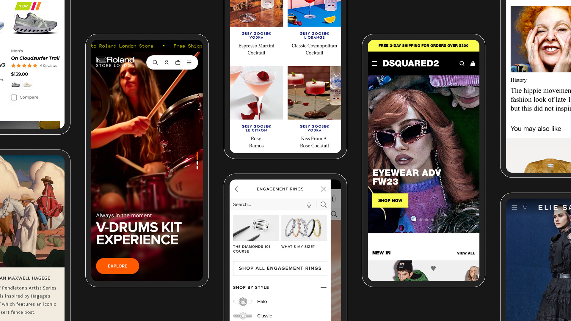 Collage of multiple smartphone screens showing diverse mobile website interfaces