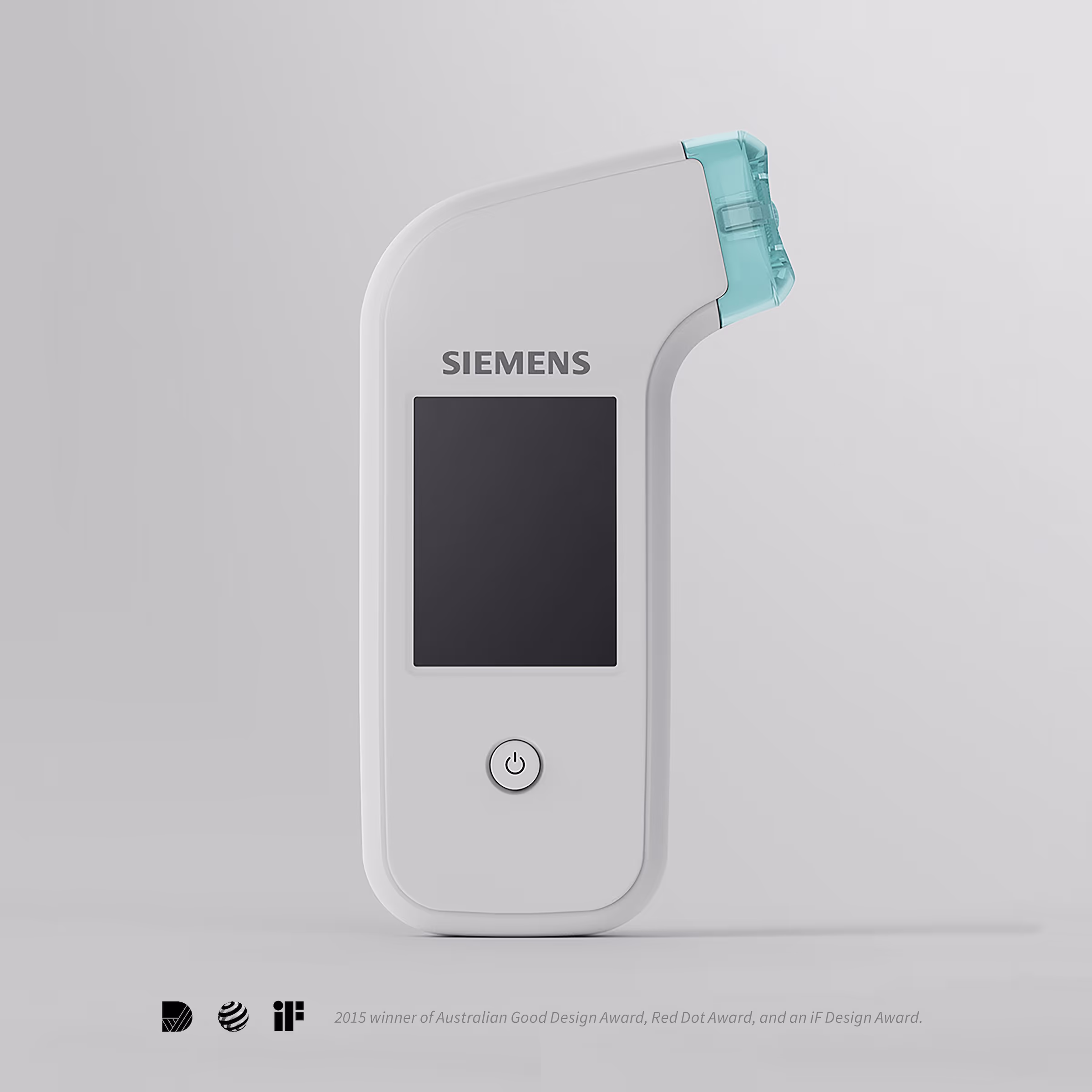 White handheld Siemens Xprecia Stride coagulation analyzer with turquoise test strip port.