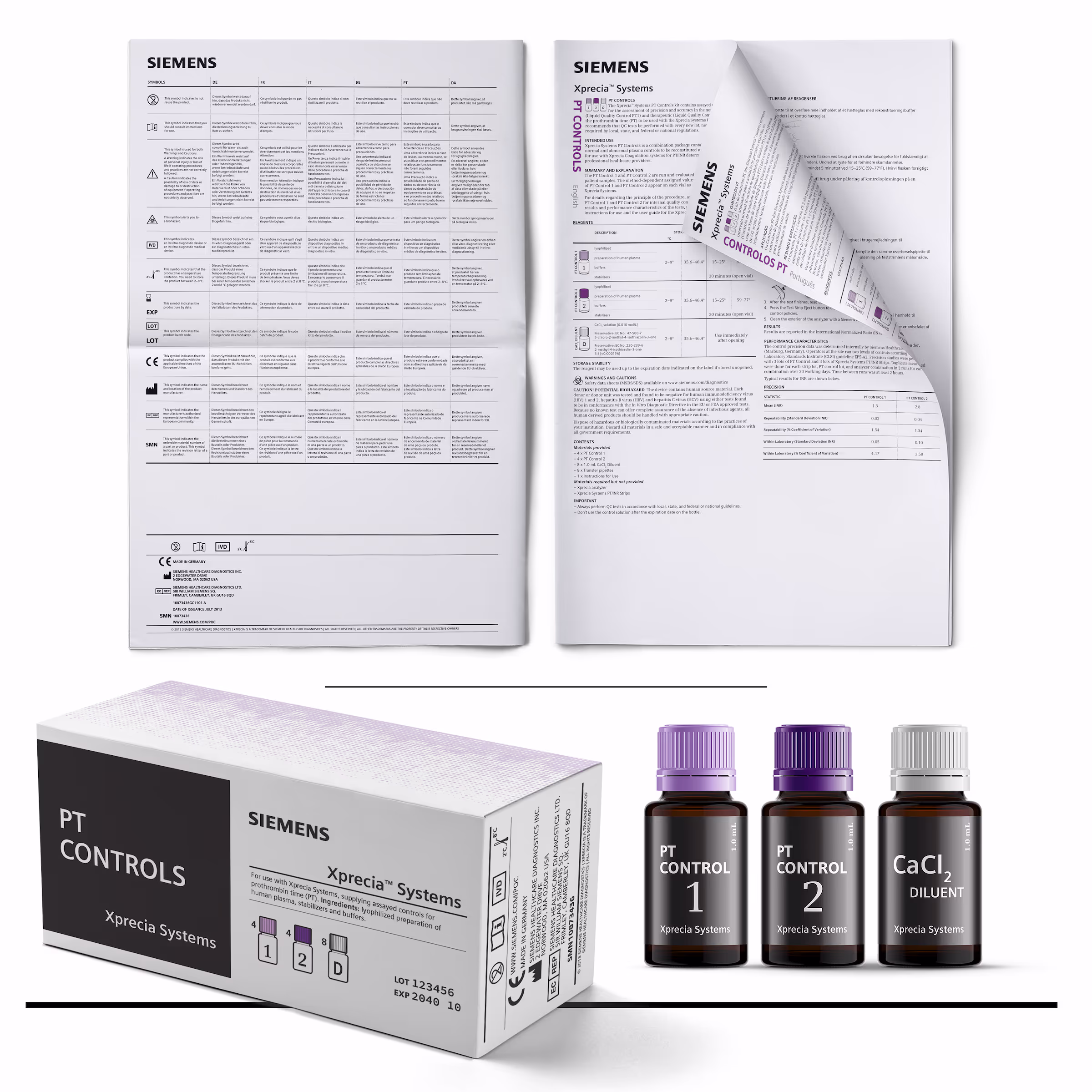 Siemens Xprecia controls and labeling system showing multilingual symbol tables, instructions for use, PT control packaging, reagent bottles, and consumable labeling.