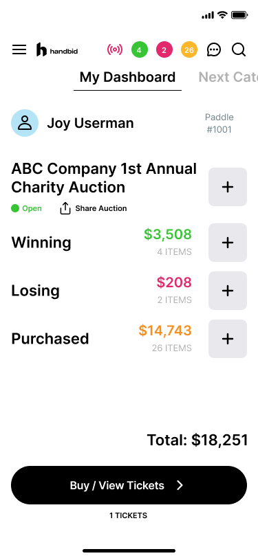 "My Dashboard" example in Handbid