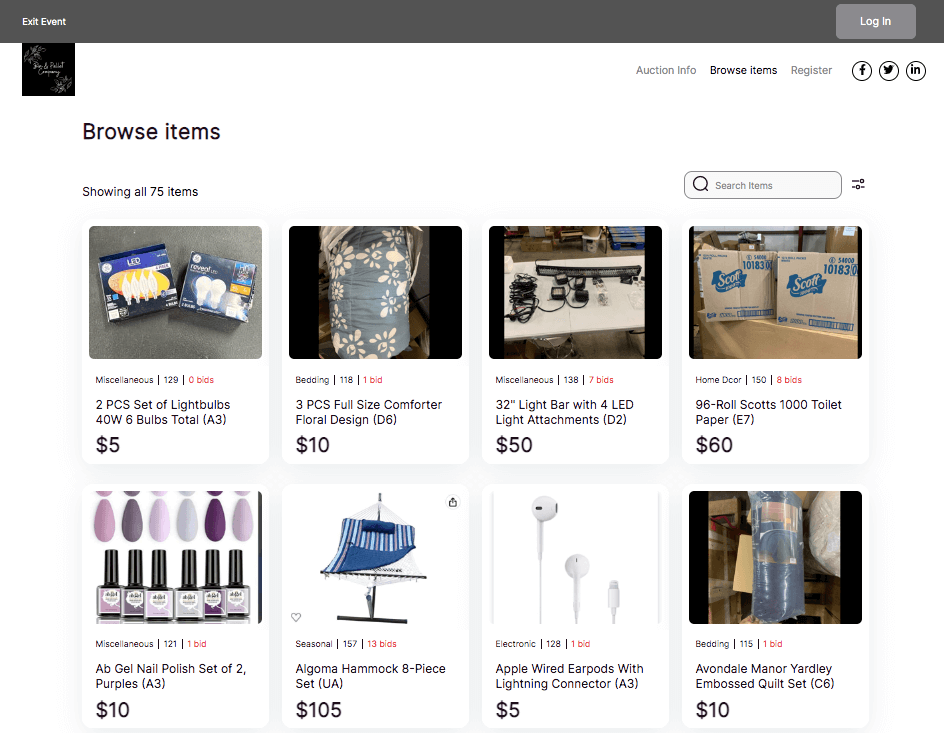 A screenshot example of white labeling our technology under a client’s web domain, allowing them to offer and run online auctions directly through their website.