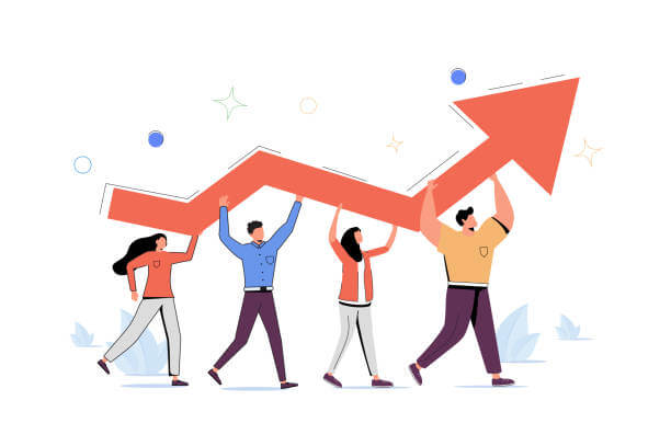 Illustration of 4 people holding up an upward arrow, suggesting metrics are going up - including live auction event metrics, such as donations!