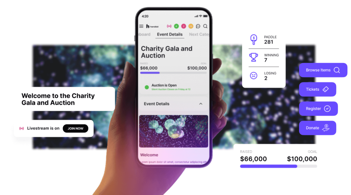 In the background, a dark, blurry image of a galaxy. In the foreground, an image of person’s hand holding a phone with the Handbid mobile silent auction software. Around the hand are screenshots of the Handbid interface, showing features such as the live stream, real-time updates on the silent auction, event ticketing services, and amount of money raised.