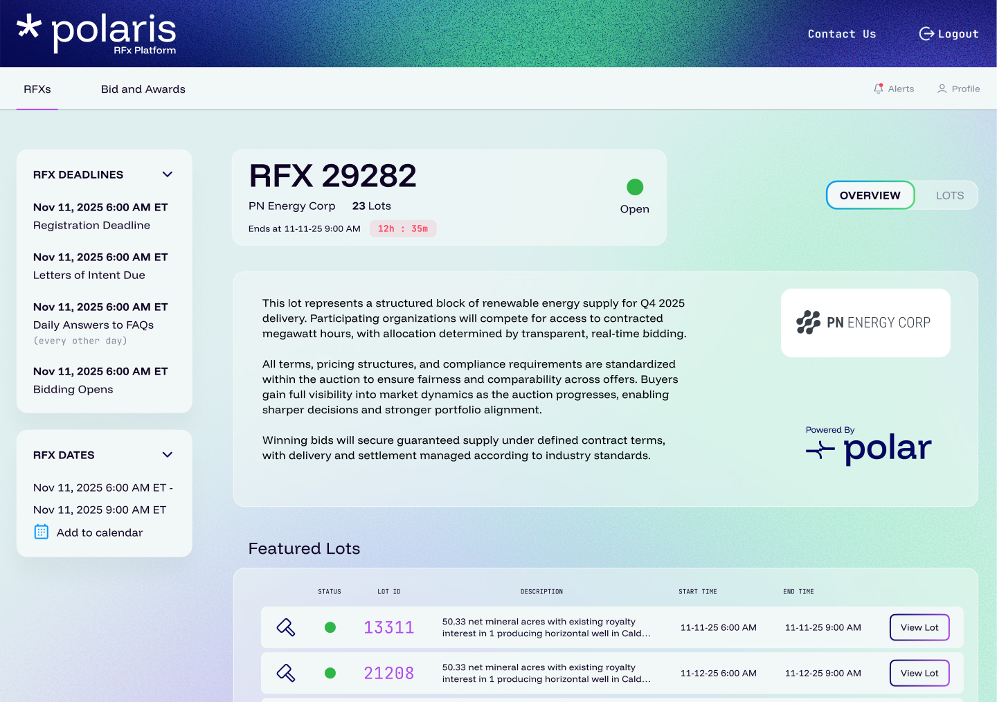 Handbid Energy & Industrial feature screenshot showing auction management tools