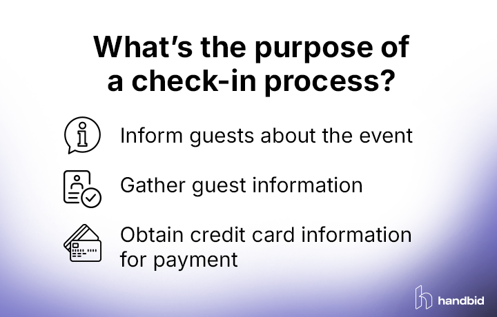 Three goals of the event check-in process, explained in the text below