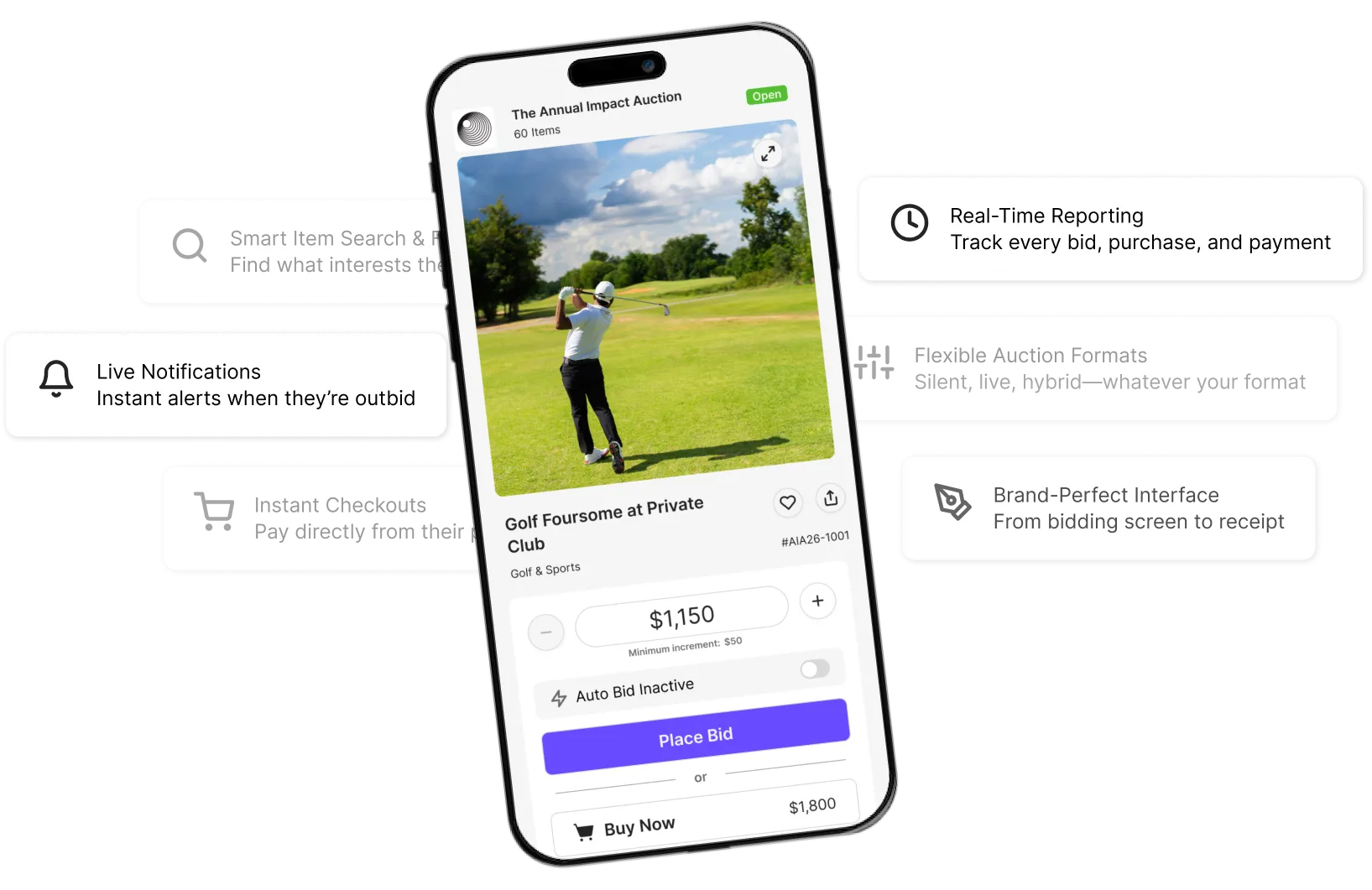 Mockup of Handbid’s native mobile bidding app, the best silent auction technology option for event planners