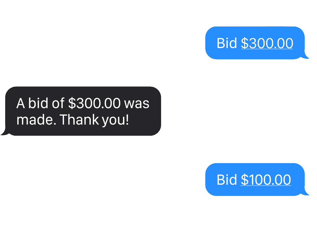 Text exchange starting with “Bid $300.00,” showing an example of text-to-bid silent auction technology