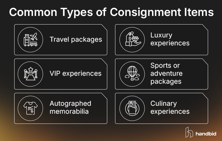 Popular types of consignment items for charity auctions, also listed in the text below