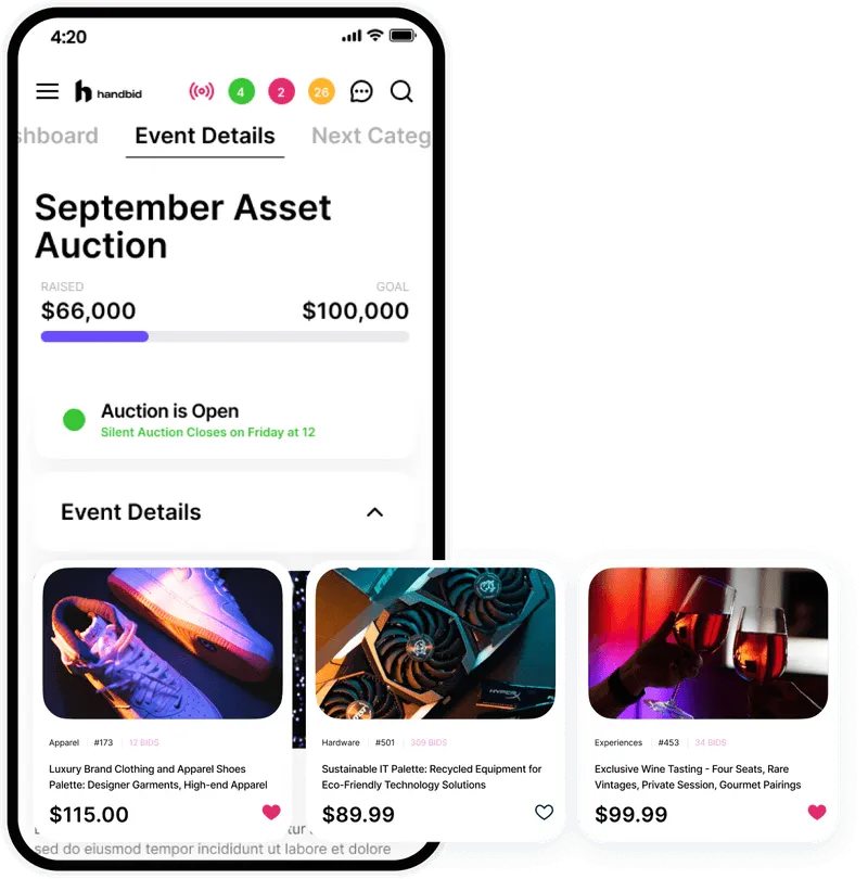 Example of silent auction items displayed online using Handbid’s mobile bidding app