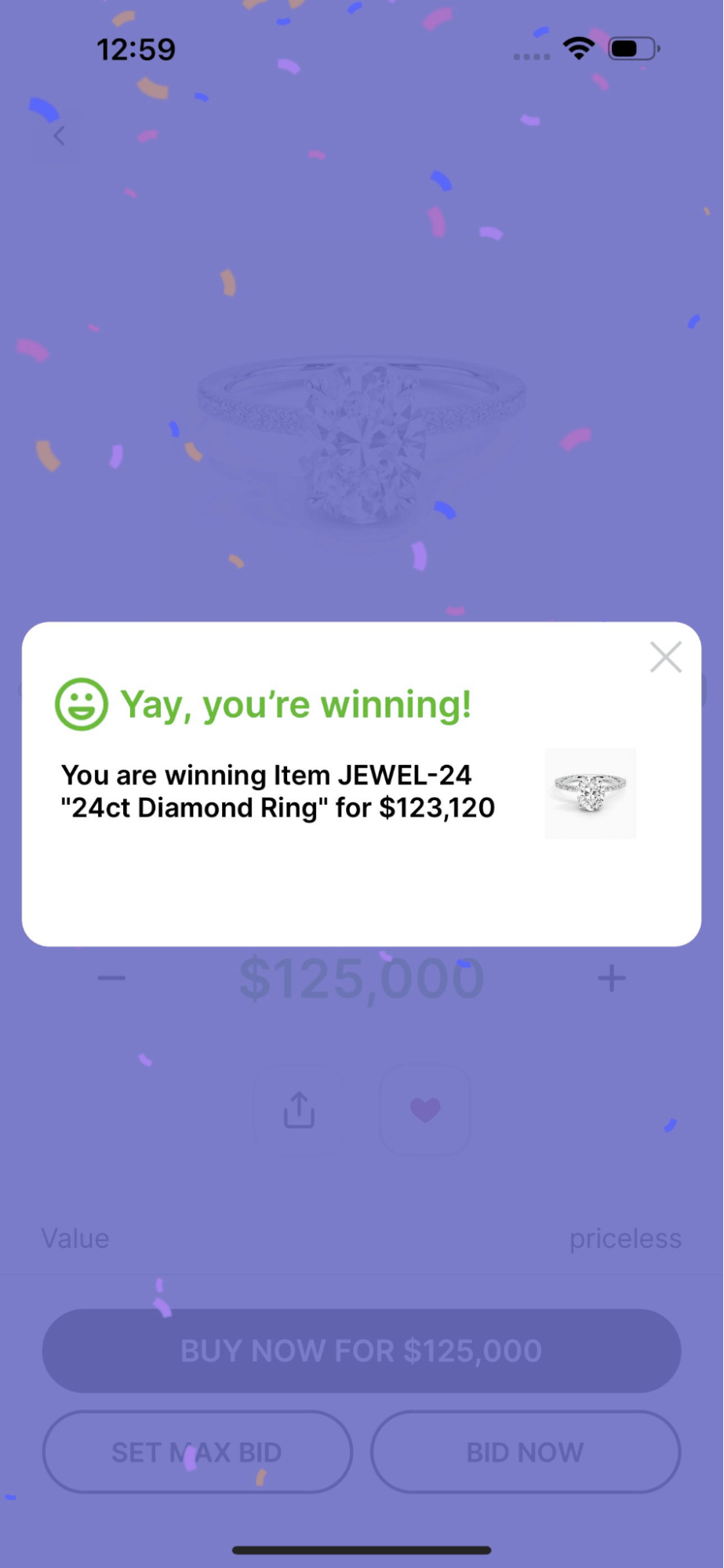 “Yay, you’re winning!” screen in Handbid’s mobile bidding app
