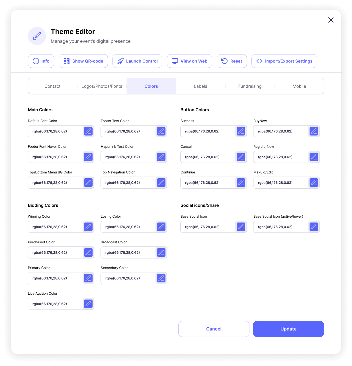 Handbid’s Theme Editor, showing options for customizing auction pages