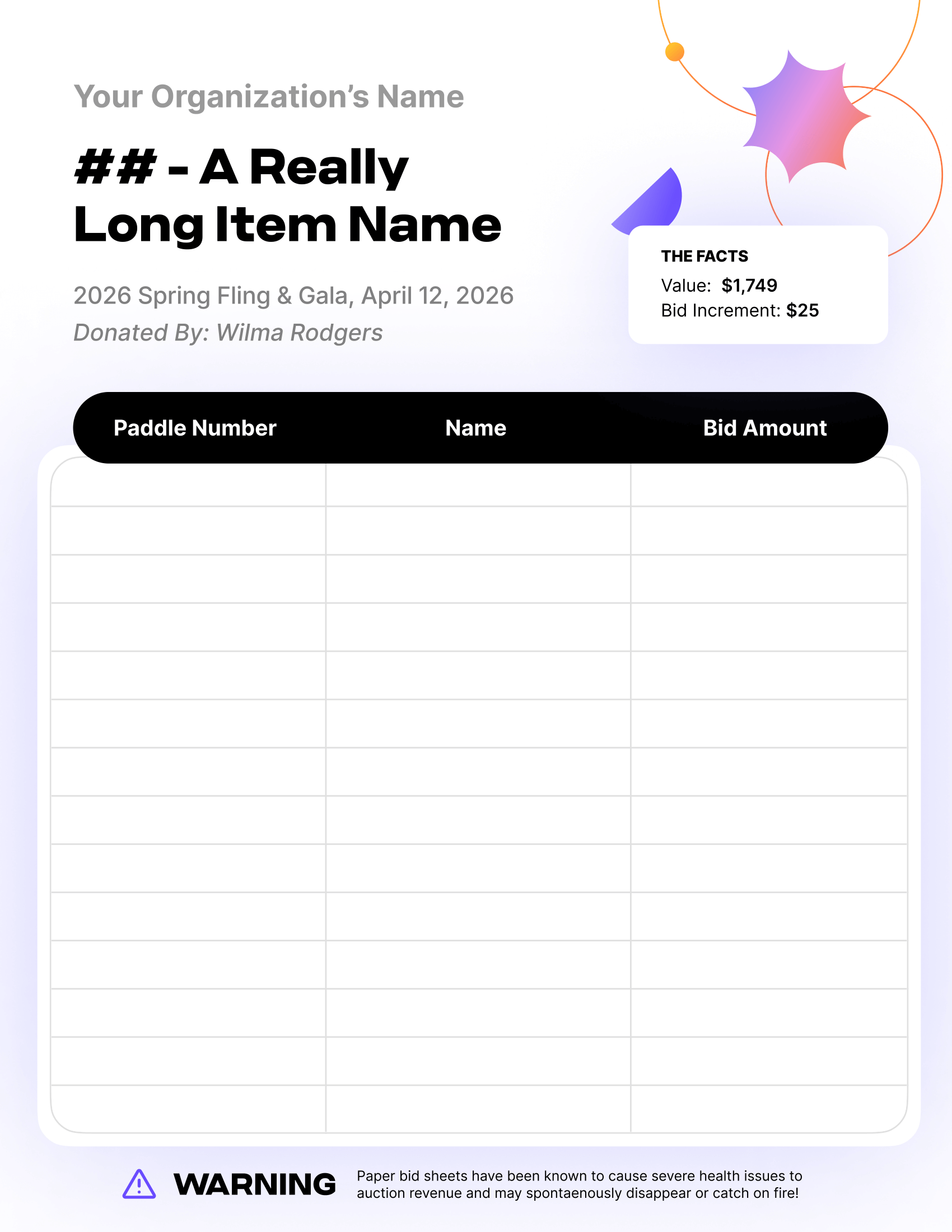Sample silent auction bid sheet template