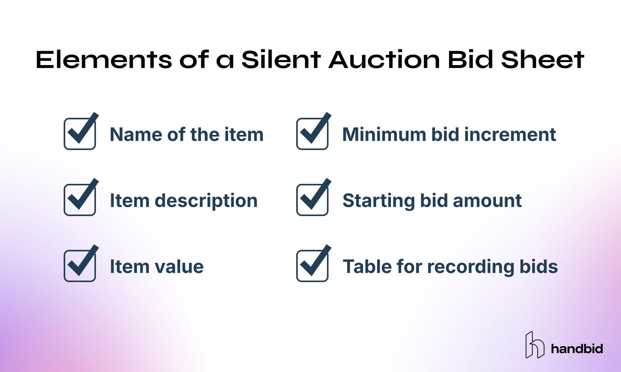 Key elements of a silent auction bid sheet, listed in the text below