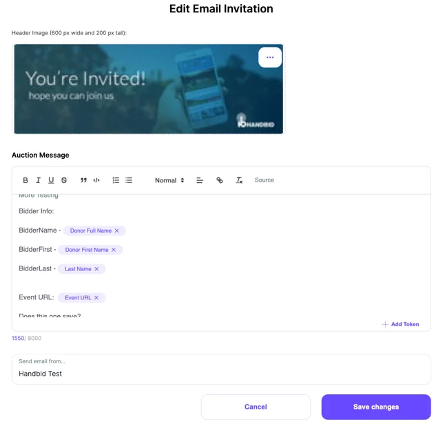 Example of an email invitation to promote nonprofit events, created with Handbid