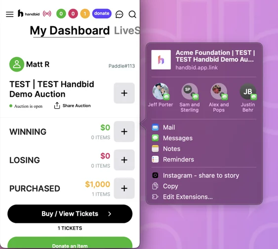 Example of Handbid’s “Share Auction” function, which help nonprofits promote their events