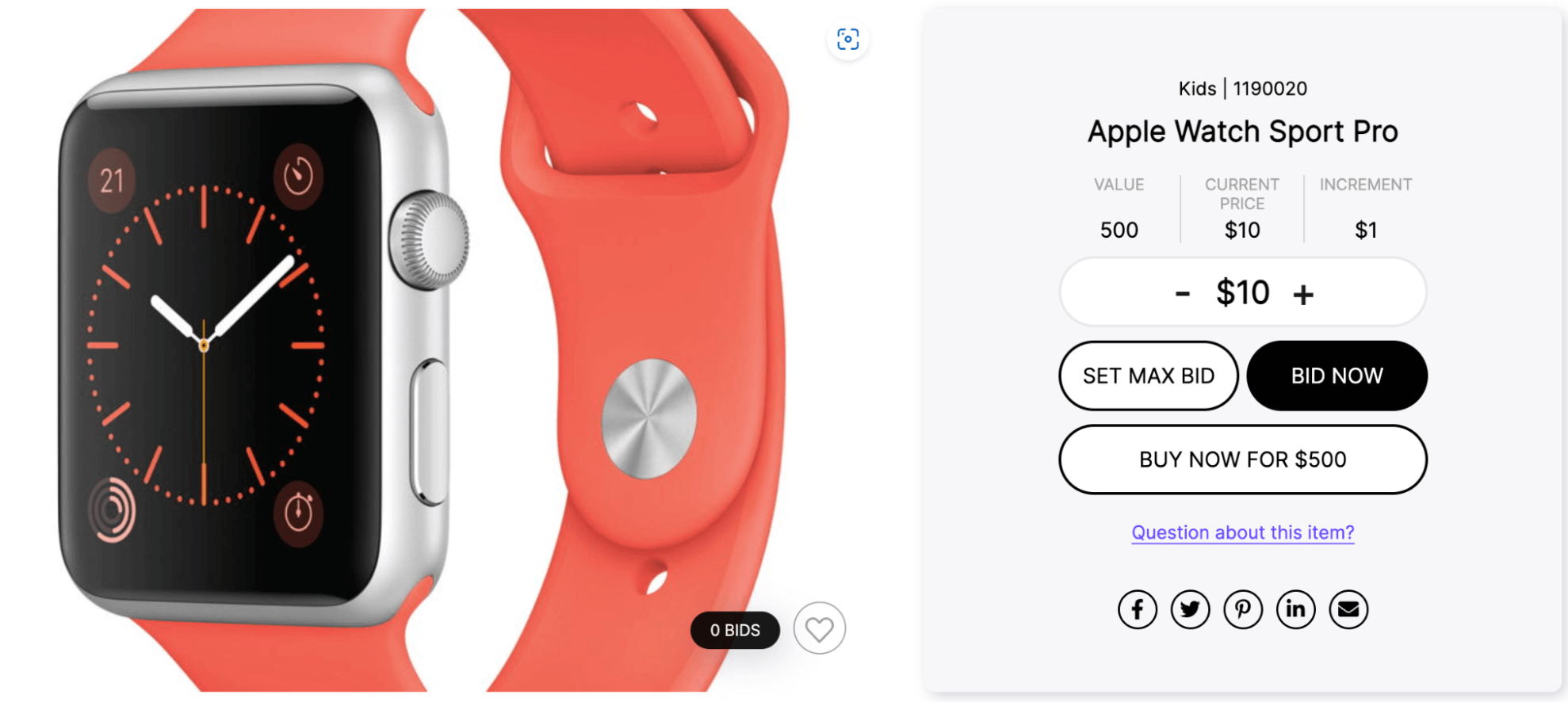 Example silent auction pricing screen for an item in Handbid’s platform, showing a Buy-It-Now price of $500.