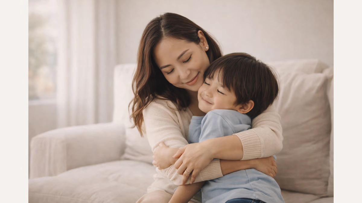 Mother and young son sitting on a couch hugging each other with closed eyes and smiles.