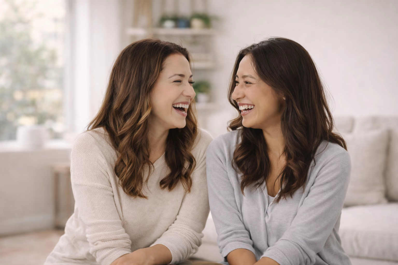 Two women with long dark hair laughing and sitting closely facing each other indoors.