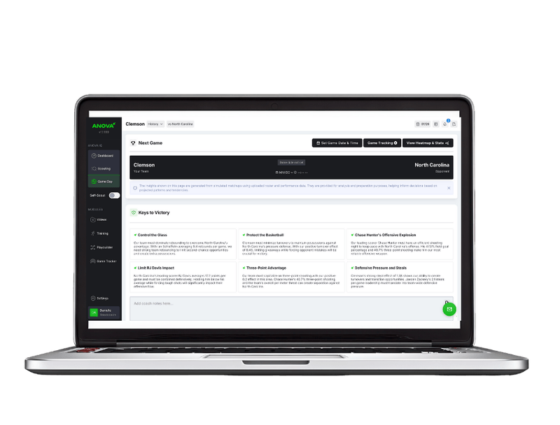 A laptop displays a sports analytics dashboard showing a matchup between Clemson and North Carolina. Sections labeled "Keys to Victory" offer strategies.
