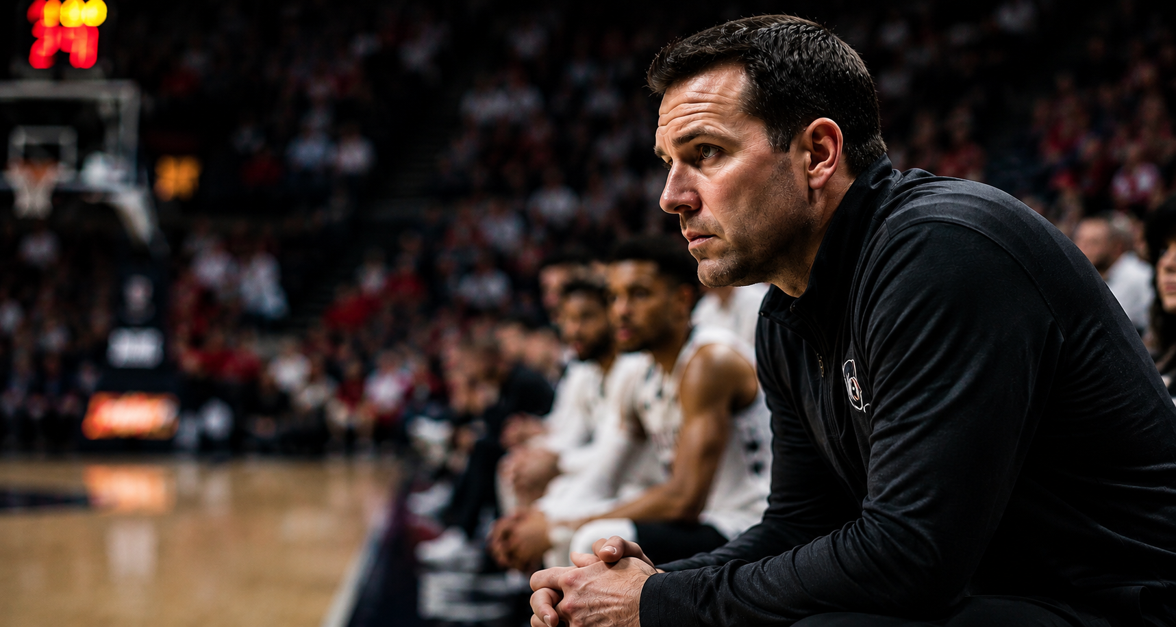 Anova Sports coach kneeling courtside, focused on the game