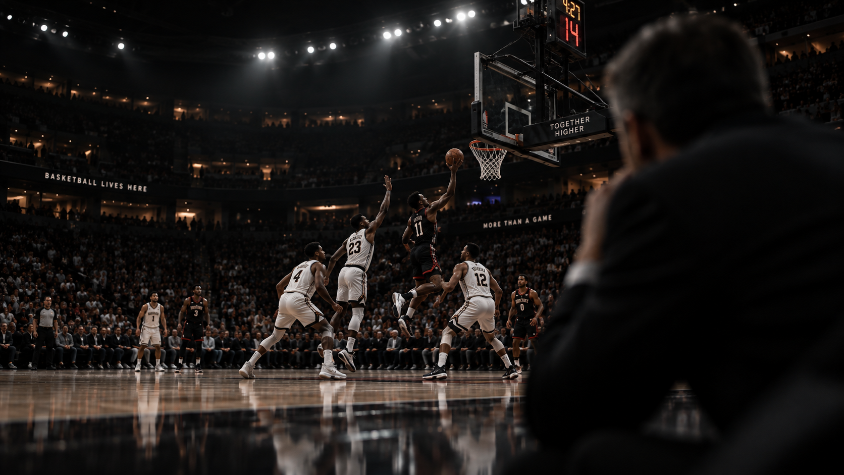 Players competing for a rebound during a game