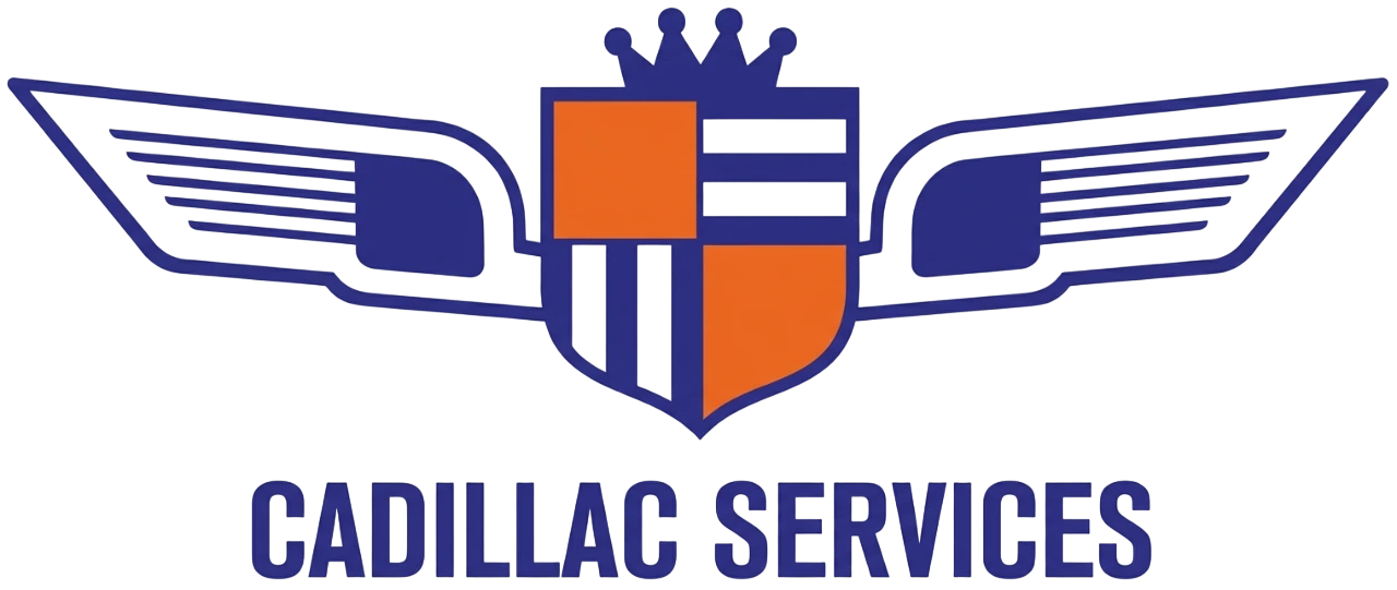 Cadillac Services logo featuring a winged shield with orange and blue sections, topped with a crown.