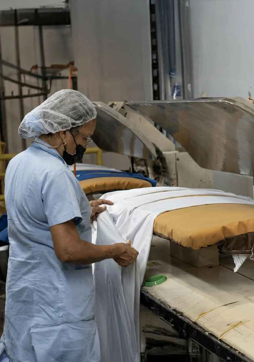 Woman wearing a hairnet and mask handling white fabric on an industrial ironing or pressing machine.