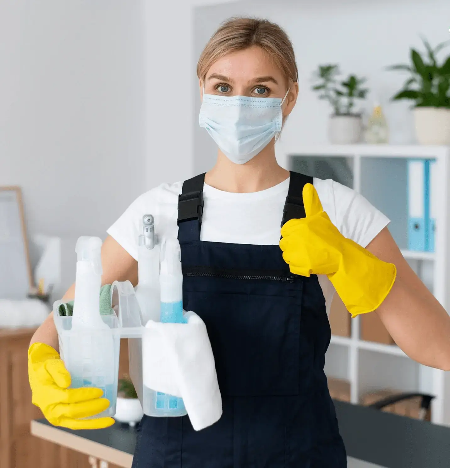 Woman wearing yellow cleaning gloves and a face mask holding a caddy with cleaning supplies giving a thumbs-up.