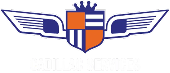 Logo featuring a shield with orange and white stripes, a crown on top, and blue wings extending on both sides above the text 'Cadillac Services'.