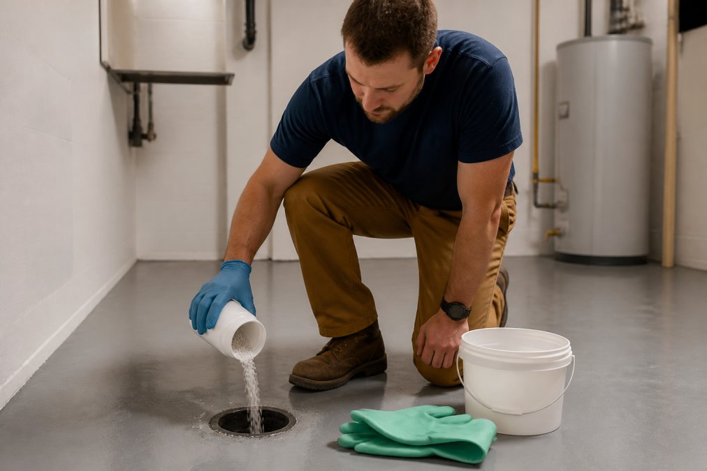 Homeowner pouring root killer granules into a drain to clear tree roots from sewer lines