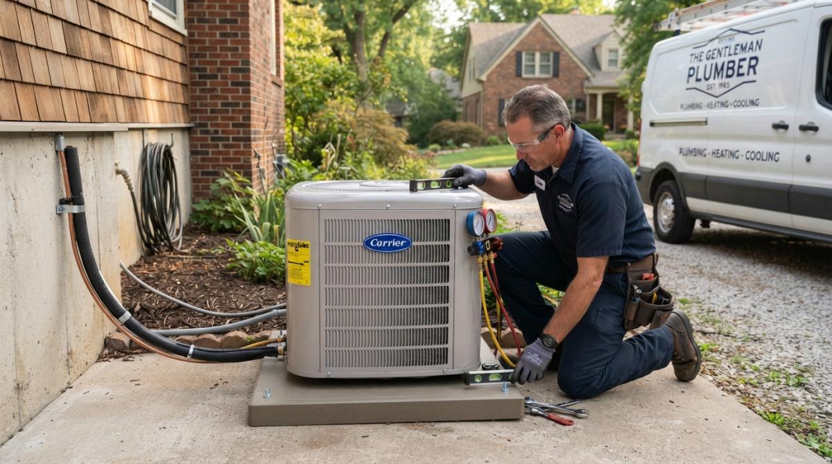 Professional HVAC technician installing a high-efficiency outdoor condenser unit on the side of a residential home, carefully positioning the equipment with specialized tools and checking connections