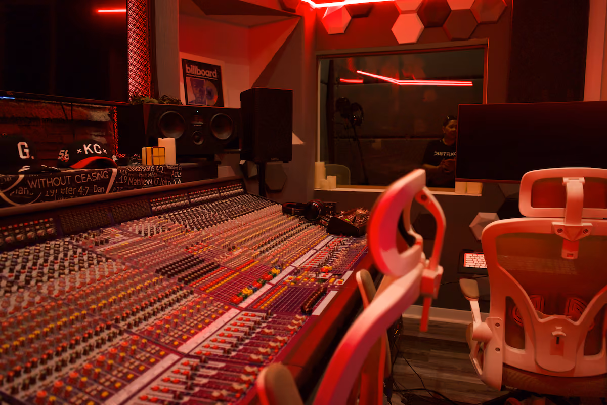 Analog mixing console in a recording studio at DISTRKCT in Kansas City