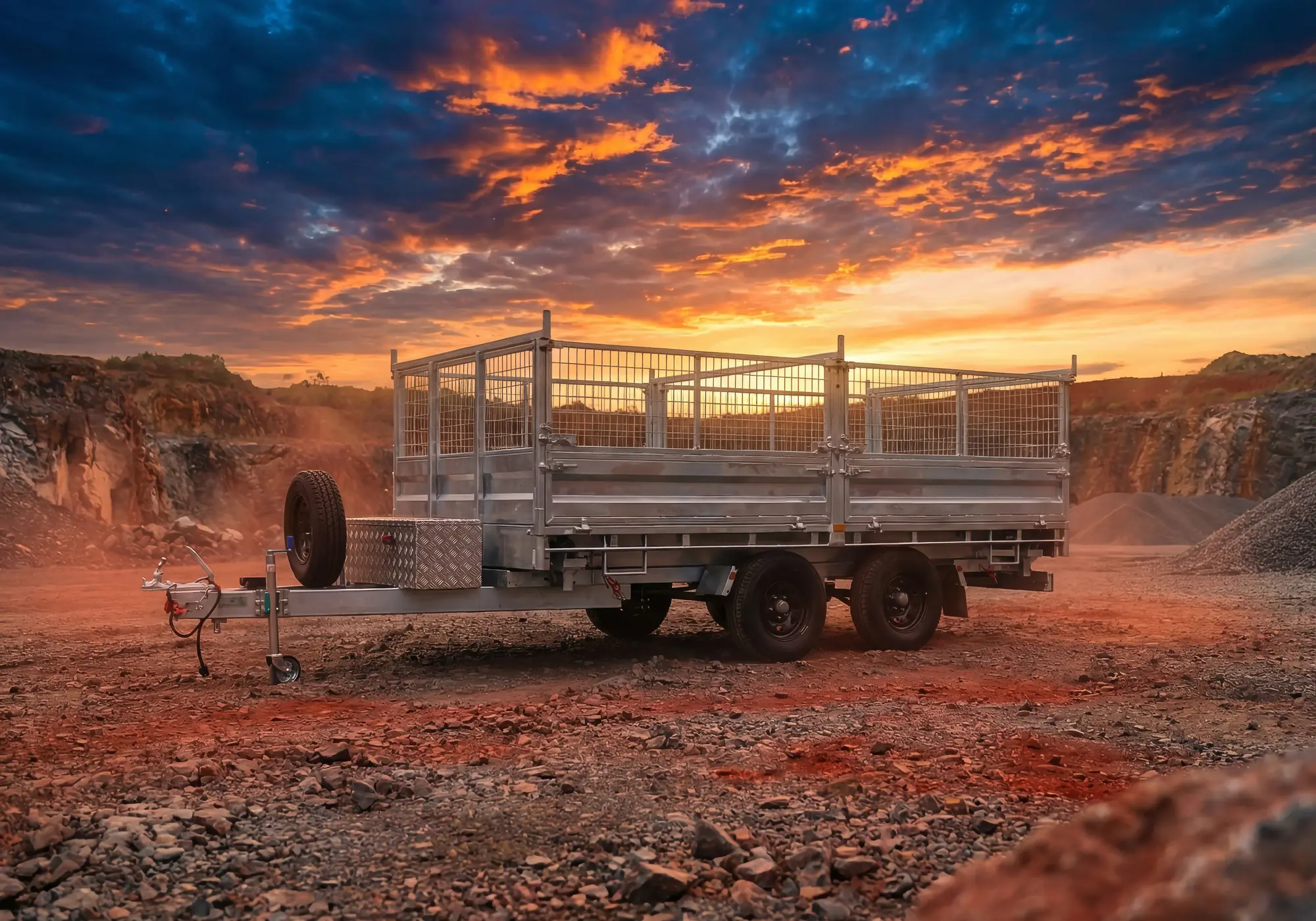 Galvanised hydraulic tipper trailer with mesh cage on red earth at sunset