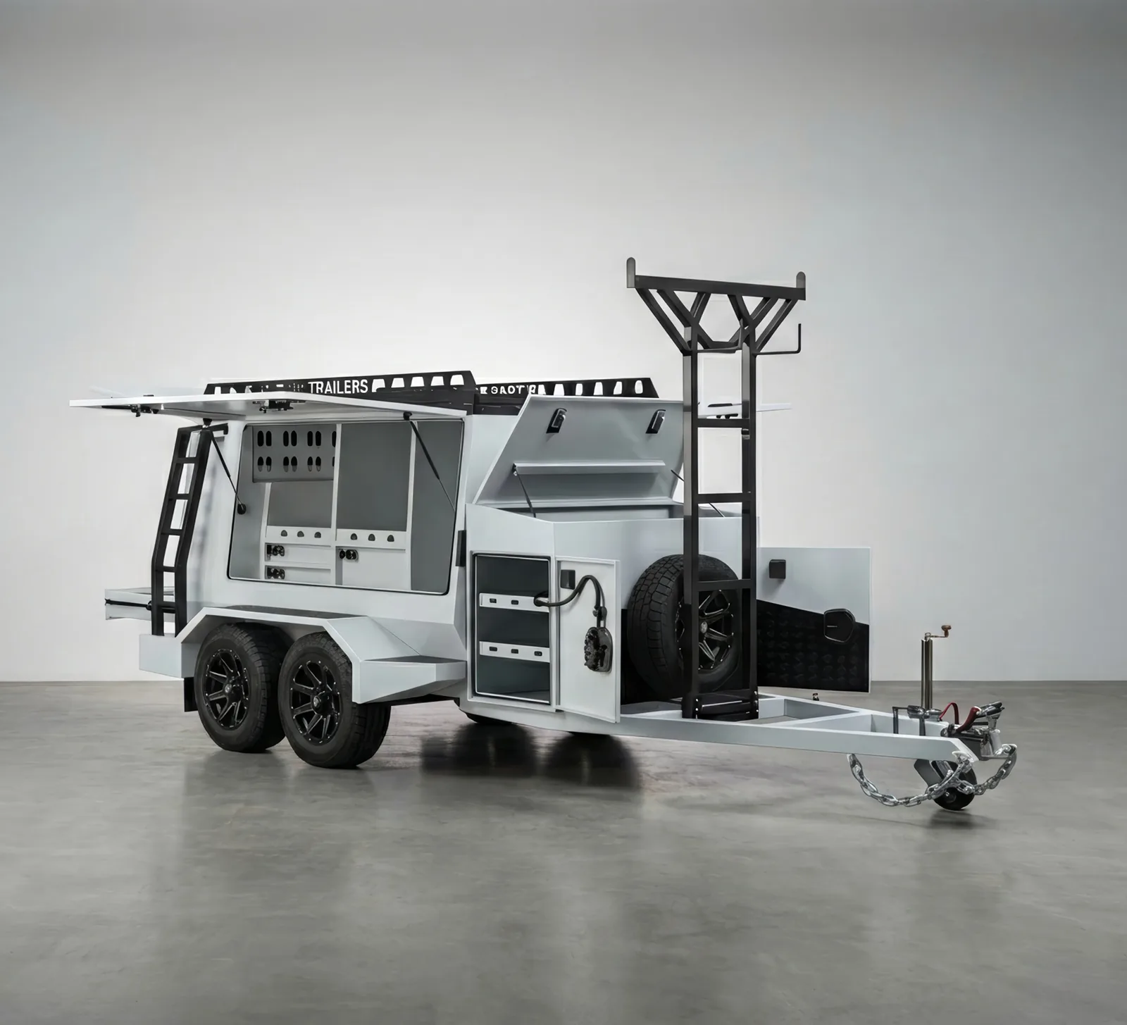 White Tradesman trailer with side doors open, rear three-quarter view
