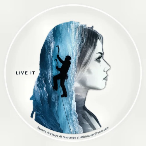 Live It circular sticker: a portrait combined with blue ice-climbing imagery