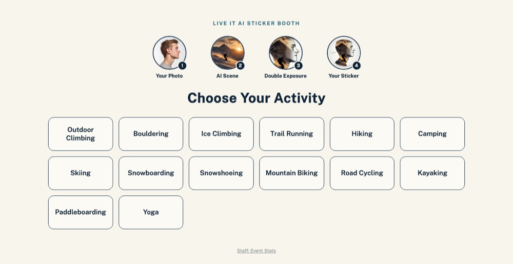 The Live It AI Sticker Booth kiosk interface, showing the activity selection screen
