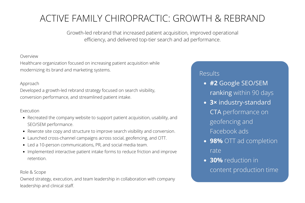 Growth & Rebrand case study card showcasing growth statistsics.