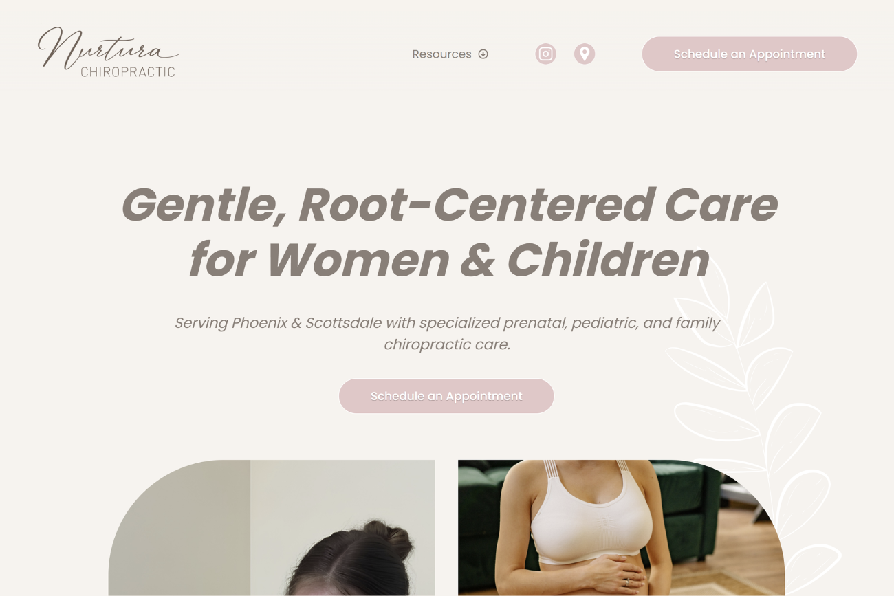 Website header for Nurtura Chiropractic offering gentle, root-centered care for women and children with appointment scheduling buttons.